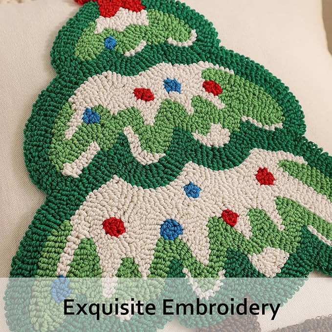 Tosleo Christmas Tufted Pillow Covers 18 x 18 inch Set of 2 Green Xmas Tree with Red Star Throw Pillow Cover Party Decor Winter Holiday Embroidery Cushion Case for Sofa Couch Bed Living Room