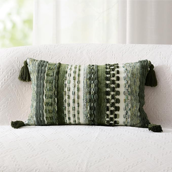 Kevin Textile Spring 12x24 Inch Lumbar Throw Pillow Cover 1 Pack Boho Decorative Soft Chenille Thread Woven Tufted Textured Rectangle Cushion Case Accent for Living Room Couch Sofa Bed, Green
