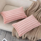 ZLINA Set of 2 Baby Pink Faux Fur Decorative Throw Pillow Covers Fluffy Striped Pillowcase Cushion Covers 12 x 20 Inch Decor Sofa Couch Bedroom