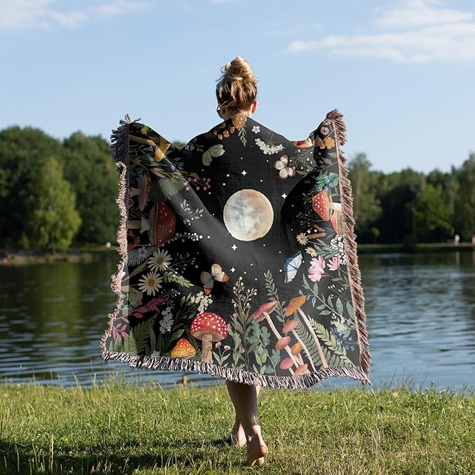 Woven Throw Blanket Moon Plant Boho Chic Decor Reversible Cute Cotton Boho Throw Blanket Witchy Throws Blankets with Tassels Moonlit Garden Blankets Bohemian Room Decor Luxury Christmas Throws 51”x59”