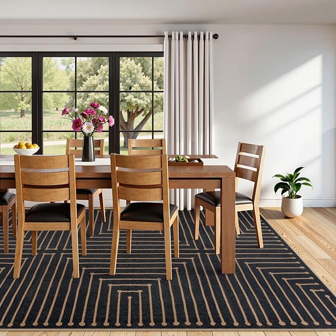 Lahome Neutral Geometric 8x10 Outdoor Rug, Black Washable Rug for Living Room Dining Room, Farmhouse Rhombus Non Slip Non Shedding Indoor Outdoor Carpet for Backyard Deck Office Classroom Decor