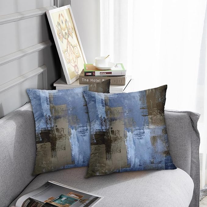 Emvency Set of 2 Blue Brown Painting Throw Pillow Covers Beige Office Contemporary Abstract Modern Design Retro Decorative Pillow Case Home Decor Standard Square 18x18 Inch Cushion Pillowcase