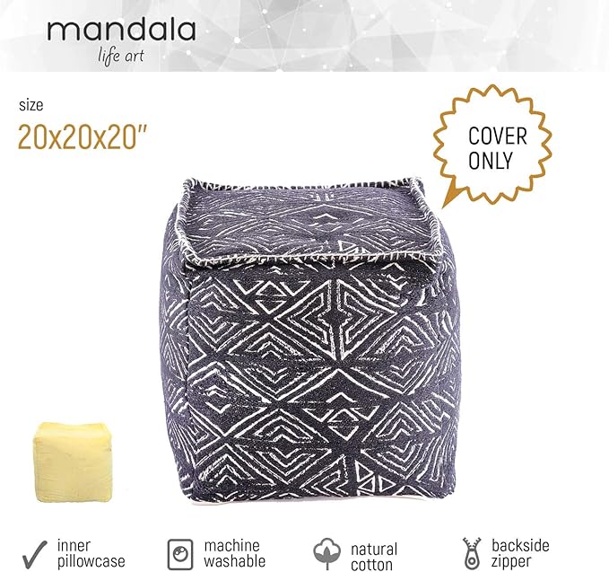Mandala Life Art Pouf Ottoman - 20x20x20" - Foot Rest Stool - Black Cube