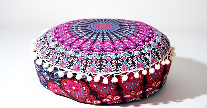 CRAFT KALA Pink Peacock Large Hippie Mandala Meditation Floor Ottoman Pillow Cushion Pouf Cover Square Poufs Bohemian Circle Floor Cushion Case Outdoor Fireplace Yoga Living Room Decor Cover 16" Round