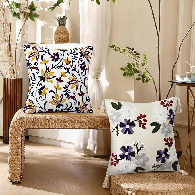 Spring Floral Embroidered Pillow Covers 18x18 Inch Set of 1, Boho Decorative Throw Pillow Cover, Farmhouse Yellow Red Flower Patterned Cushion Case for Couch Sofa Bed Patio Living Room