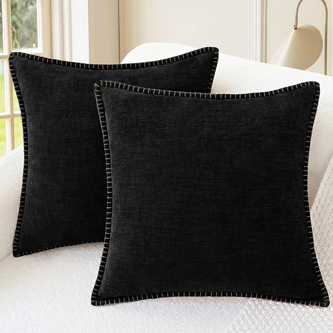 CaliTime Throw Pillow Covers Decorative 24 X 24 Inches Pack of 2 Cotton Thread Stitching Edges Solid Dyed Soft Chenille Cushion Cases for Couch Sofa Bed Living Room Farmhouse Black