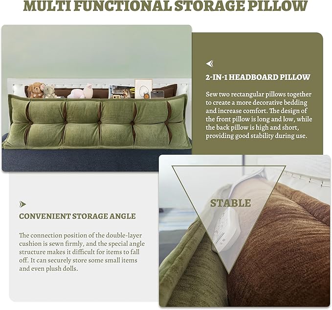 Johnear Headboard Backrest Set of 2 Pack Chenille Throw Pillows for Daybed Couch Support Reading Pillows for Sitting in Bed Adult, Green Large Bolster Pillow for King Size Bed Wedge Pillow