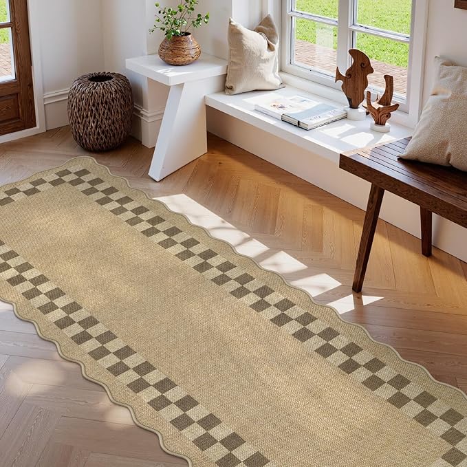 LIVEBOX Scalloped Easy Jute Checkered Runner Rug for Kitchen, Washable 2x8 Tan Rugs for Hallway Runner Entryway, Geometric Indoor Outdoor Non Slip Rug Farmhouse Modern Carpet Door Mat for Porch