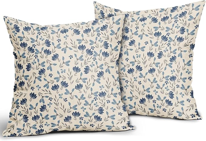 Blue Grey Gray Floral Pillow Covers 16x16 Set of 2 Vintage Rustic Old Style Cute Small Flower Print Decorative Outdoor Pillowcases Farmhouse Throw Cushion Case Decor for Couch Sofa Bed