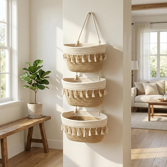Hanging Baskets for Organizing,3-Tier Woven Cotton Wall-Mounted Storage Organizer Bag Decorative,Kitchen,Living Room,Bedroom,Nursery