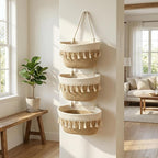 Hanging Baskets for Organizing,3-Tier Woven Cotton Wall-Mounted Storage Organizer Bag Decorative,Kitchen,Living Room,Bedroom,Nursery