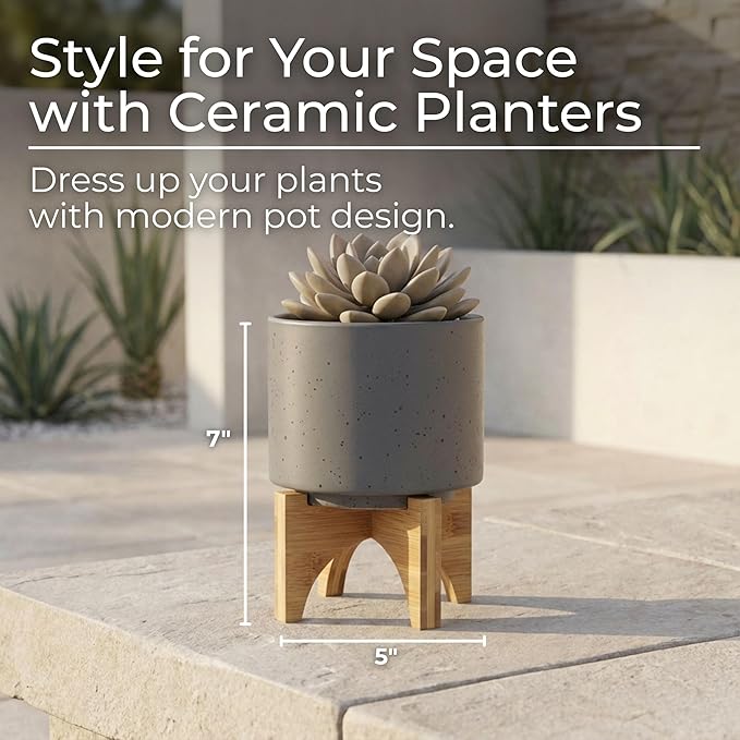 Ceramic Planter With Stand Indoor Plant Stand – Elevated Plant Stand For Displaying Greenery, Living Room, Bedroom, Office, Or Patio, Minimalist Garden Accent For Home Decor – 7", Gray