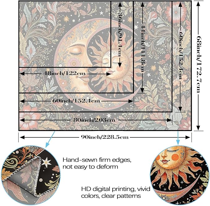 Accnicc Vintage Sun and Moon Tapestry Boho Hippie Floral Wall Tapestry for Bedroom Aesthetic Brown Celestial Spiritual Botanical Plant Small Tapestries Wall Hanging for Living Room Dorm 48 x 36 Inch