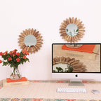 LOSOUR 2 Pack Boho Wall Decor Sunburst Mirror 12 inch Rustic Round Wood Mirror Boho Mirror Farmhouse Wall Decor for Bedroom Living Room Entryway