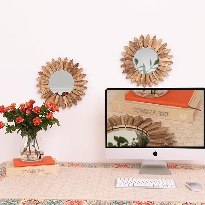 LOSOUR 2 Pack Boho Wall Decor Sunburst Mirror 12 inch Rustic Round Wood Mirror Boho Mirror Farmhouse Wall Decor for Bedroom Living Room Entryway