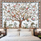 Faxdong Boho Tree of LIfe Tapestry, Vintage Flower Leaves Birds Plant Animal Pattern Tapestries, Retro Indian Bohemian Aesthetic Wall Hanging White 60×80 inch