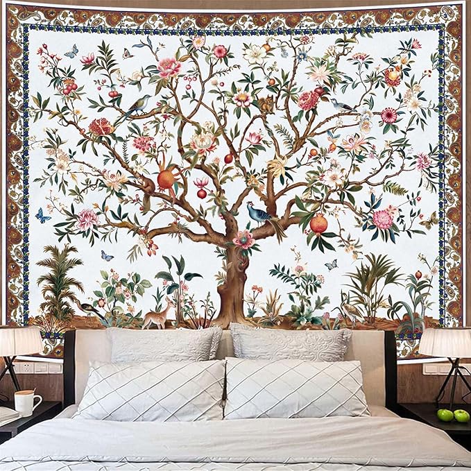 Faxdong Boho Tree of LIfe Tapestry, Vintage Flower Leaves Birds Plant Animal Pattern Tapestries, Retro Indian Bohemian Aesthetic Wall Hanging White 44×60 inch