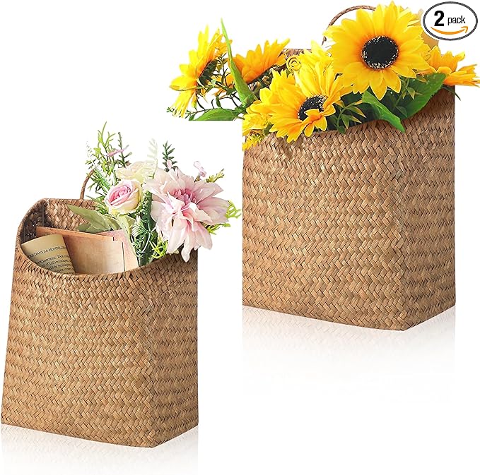 Boao 2 Pack Hanging Basket for Front Door Seagrass Wall Basket Hand Woven Different Sizes to Hold Flowers and Mail Wall Mounted Racks Storage Organize for Home Garden Farmhouse(Retro Color)