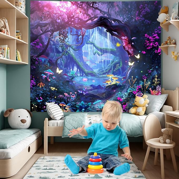 Apdidl Forest Nature Room Decor Tapestry Wall Hanging, Fantasy Trees Butterfly Mushroom Tapestries for Bedroom, Blue Colorful Floral Magical Plants Jungle Landscape Backdrop for Living Room 51"X60"