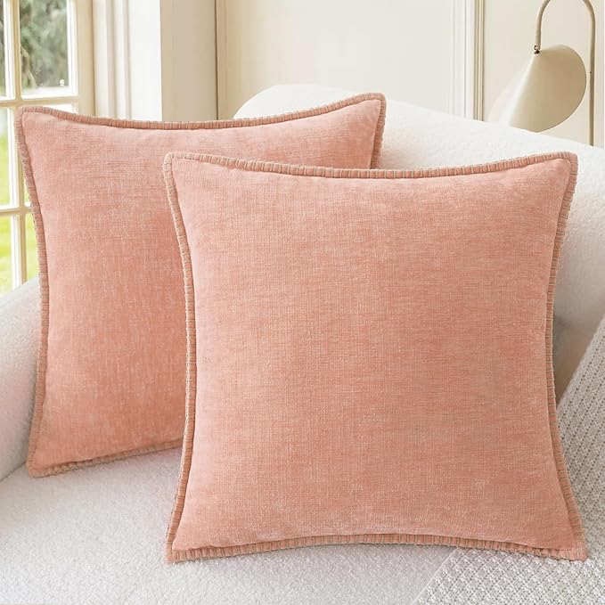 CaliTime Throw Pillow Covers Decorative 18 X 18 Inches Pack of 2 Cotton Thread Stitching Edges Solid Dyed Soft Chenille Cushion Cases for Couch Sofa Bed Living Room Farmhouse Dusty Pink