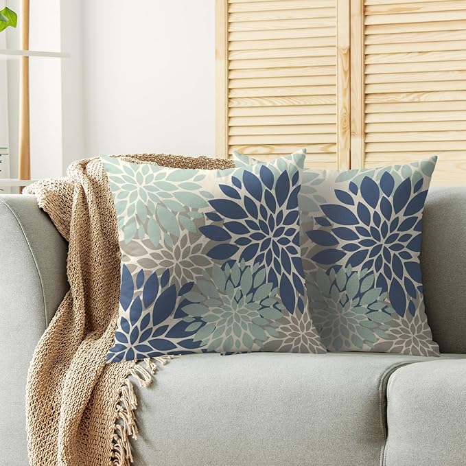 Blue Aqua Tan Pillow Covers 24X24 Inch Set of 2, Spring Summer Floral Dahlia Flower Cream Decorative Throw Pillow Covers Outdoor Modern Farmhouse Cushion Case for Home Couch Sofa Bed Decor