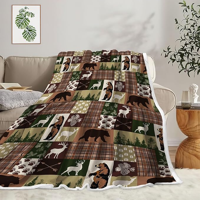 Rustic Bear Throw Blankets for Kids, Soft, Flannel, Warm, Rustic Cabin Fleece Blankets Decor, Farmhouse Country Bear Moose Forest Plush Throw Blanket for Couch Sofa 50X60 Inch