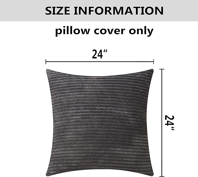 Home Brilliant 24x24 Pillow Covers Set of 2 Striped Corduroy Plush Velvet Large Euro Sham Set of 2 Cushion Cover for Bedroom, 24 x 24 inch, Dark Grey
