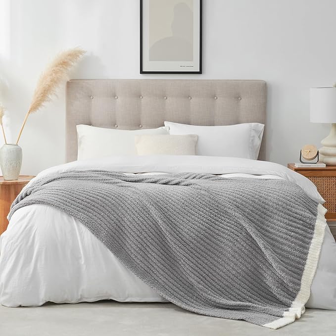 Snuggle Sac Fluffy Ribbed Grey Blanket Twin Size, Soft Luxurious Knit Fuzzy Microfiber Blankets for Couch, Sofa, Bed, Grey, 60x80 inches