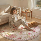 Lahome Floral Round Entryway Rug 4ft,Small Washable Circle Rug for Girls Bedroom Bathroom,Vintage Carpet for Kids Room, Office, College Dorm Nina