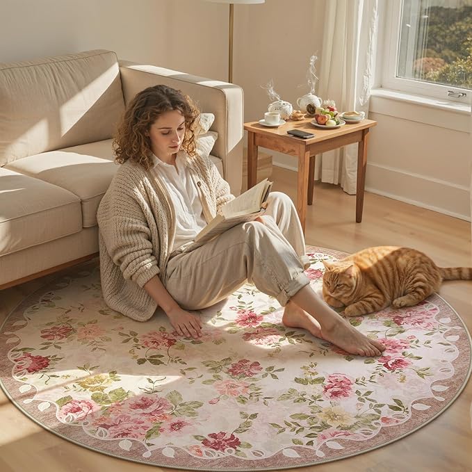 Lahome Floral Round Entryway Rug 4ft,Small Washable Circle Rug for Girls Bedroom Bathroom,Vintage Carpet for Kids Room, Office, College Dorm Nina