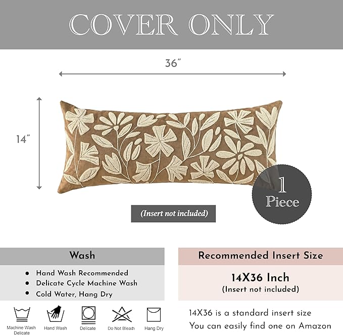 BlissBlush 14x36 Lumbar Pillow Cover for Bed, Brown Rectangular Long Throw Pillowcase, Embroidered Velvet Floral Tufted Farmhouse Accent Cushion (Cover Only)