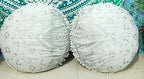CRAFT KALA Mandala Floor Pillow Cushion Cover Seating Throw Cover Hippie Decorative Bohemian Ottoman Poufs Pom Pillow Cases Indian Cotton Living Room Home Décor 24" Round Set Of 2, White Silver Flower