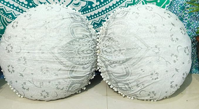 CRAFT KALA Mandala Floor Pillow Cushion Cover Seating Throw Cover Hippie Decorative Bohemian Ottoman Poufs Pom Pillow Cases Indian Cotton Living Room Home Décor 24" Round Set Of 2, White Silver Flower