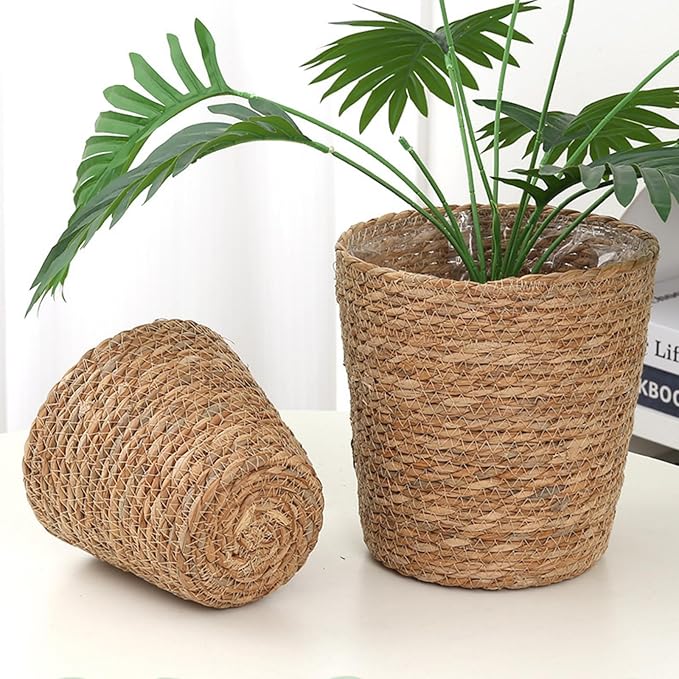 4 Pcs Seagrass Planter Basket Flower Pots with Plastic Liners 5.1 in,7 in, 9 in,10.2 in Hand Woven Plant Basket with Flower Pot Chain, Perfect for Indoor Outdoor Flower Pots Decoration