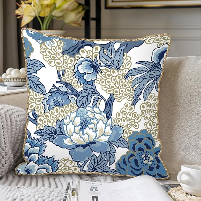 KSLIDS Vintage Floral Soft Velvet Throw Pillow Covers Set of 2 Blue Beige Floral Decorative Pillow Covers 16x16 Inch Chinoiserie Retro Pillow Case for Sofa Couch Bedroom Farmhouse Home Decor