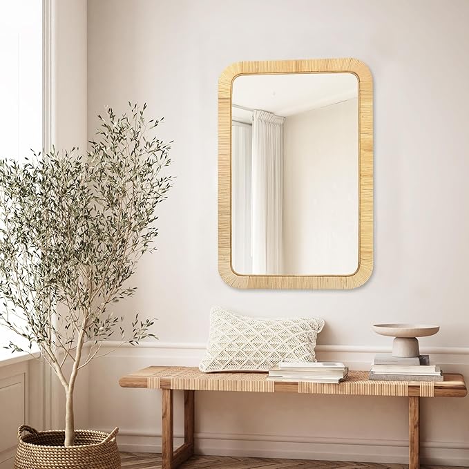PERFNIQUE Rattan Mirror, 30'' x 20" Rectangle Boho Bathroom Mirror, Decorative Wall Nursery Decor, Rustic Farmhouse Handmade Wicker Mirror for Bathroom Bedroom Entryway Living Room Decor