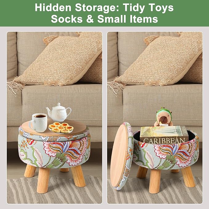 Round Storage Ottoman with Reversible Tray Lid, 12.7 "W x 10.6 "H Upholstered Footrest Pouf with Anti-slip & Scratch-resistant Foot Pads, Stain-Resistant Fabric Pouf, for Living Room, Bedroom, Dorm
