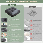 HIGOGOGO 6" Extra Thick Floor Pillow Cushion for Adults, Meditation Cushion Pillow, Large Square Floor Sitting, Tufted Corduroy Cover, for Tatami Living Room or Yoga, 22x22 Inch, 2Pack, Dark Grey
