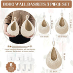 Hanging Fruit Baskets for Kitchen - 3 Pack Boho Wall Hanging Basket with 6 Pcs Strong Hooks, Handwoven Onion Storage Teardrop Home Onion Basket for Fruits Vegetable Potato Kitchen Storage (White)