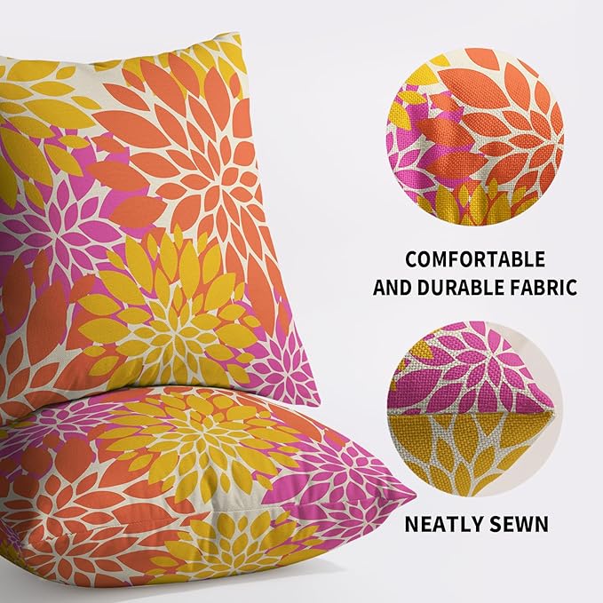Yellow Orange Pink Pillow Covers 24X24 Inch Set of 2, Modern Dahlia Floral Print Decorative Throw Pillow Covers Outdoor Farmhouse Cushion Case for Home Couch Sofa Bed Decoration