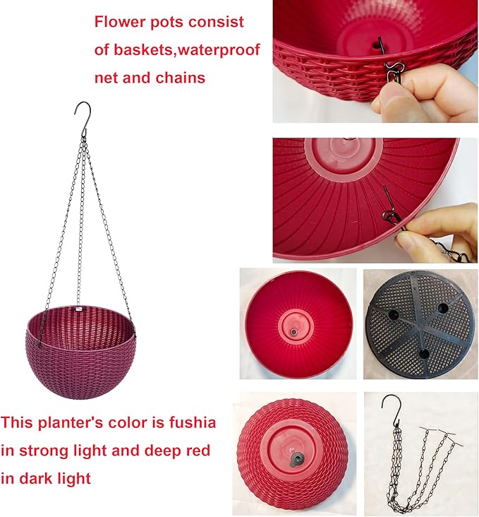 Hanging Basket Plastic Flower Pot Round Resin Garden Hanging Planter for Indoor Outdoor Plants 2 Pack Mulberry