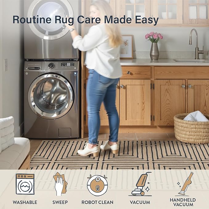 Lahome Boho 3x5 Washable Rugs for Entry, Easy Jute Indoor Outdoor Porch Rugs, Maze Lines Modern Throw Rug Non Slip Stain Resistant Door Mat for Bedroom Living Room Deck