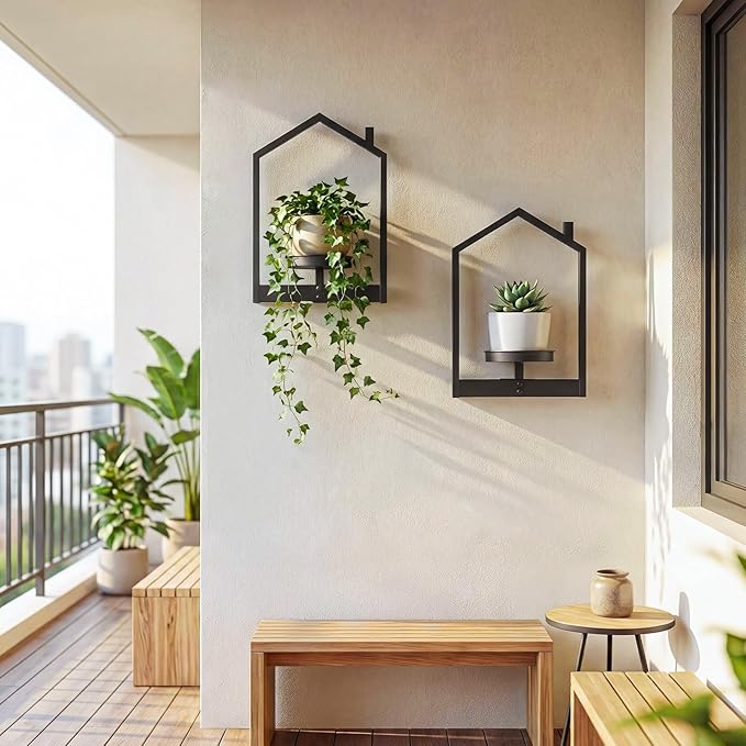 HOOBRO Wall Plant Holder, Wall Planters for Indoor Plants Set of 2, Plant Hanger Indoor Window Plant Shelves Frames Decor for Living Room Window, Black BK08HJP201