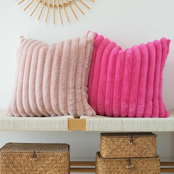 JOJUSIS Pack of 2 Faux Fur Plush Decorative Throw Pillow Covers Couch Cushion Case Soft Pillowcases (Pink, 22 x 22-Inch)