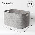 75L Large Storage Basket, 22”x17”x12” Blanket Storage for Living Room, Rectangle Woven Kids Toy Bin Box, Baby Laundry Basket, Cotton Rope Bin for Shoes Towels Stuffed Animals, Gray