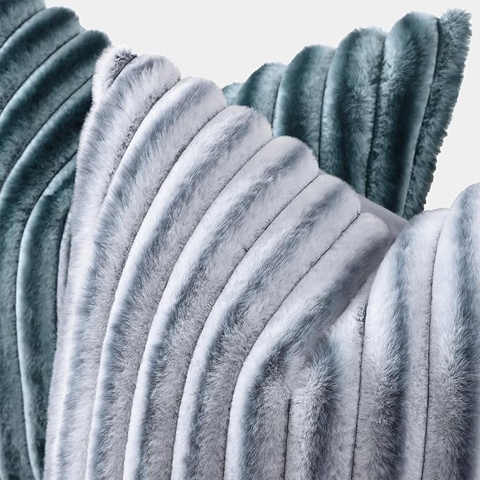 decorUhome Cozy Faux Fur Throw Pillow Covers 24x24 Set of 2 Decorative Soft Plush Striped Modern Farmhouse Boho Couch Euro Sham Pillow Cases with Velvet Back for Sofa Bed Living Room, Grey White