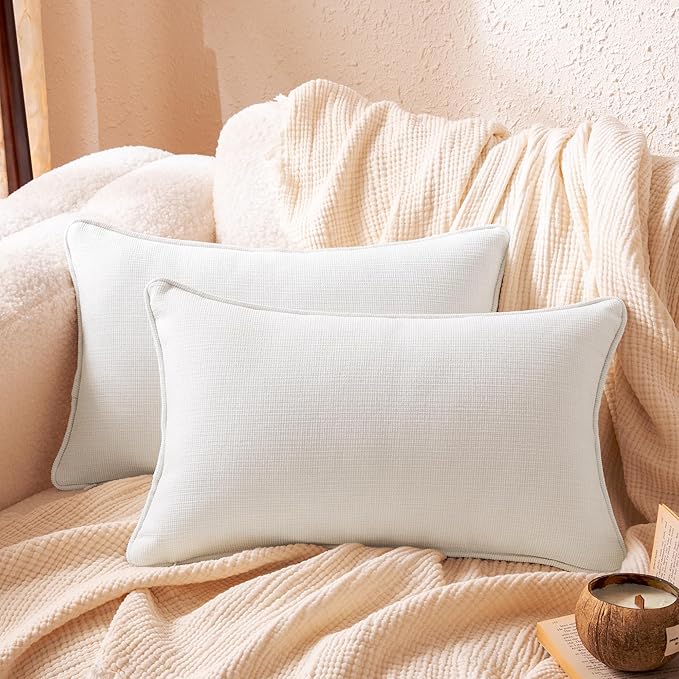 Amazon Basics Faux Linen Throw Pillow Covers with Hidden Zipper Closure, 12 × 20in, White, Pack of 2