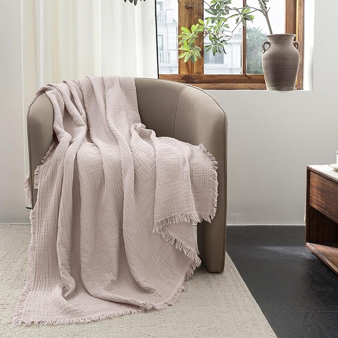 FOSSA Muslin Blanket with Fringe - 4-Layer 100% Cotton Gauze Super Soft & Breathable Throw -Lightweight Decorative Cooling Blanket for Bed, Sofa, Office (Greyish Pink, Queen (90" × 90"))