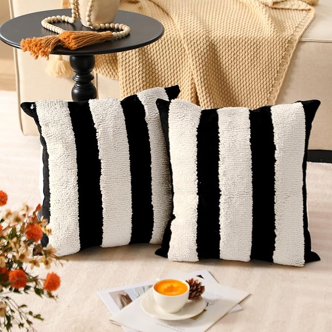 Oudain 2 Pcs Black and White Tufted Pillow Covers Boho Chunky Geometric Decorative Throw Pillow Case 18 x 18 Inches Abstract Pillowcases for Bed Couch(Black, White, Stylish Style)