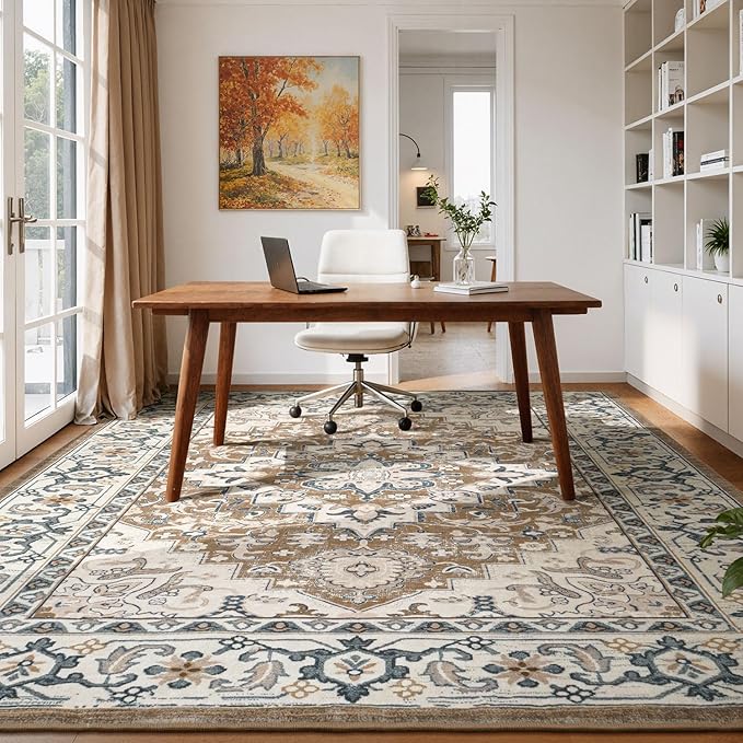 Lessymo Area Rugs 9x12 Living Room- Large Area Rug Machine Washable Area Rug for Bedroom Living Room, Vintage Rugs Boho Floral Medallion, Non-Slip Rubber, Low Pile, Kid & Pet Friendly, Brown Beige